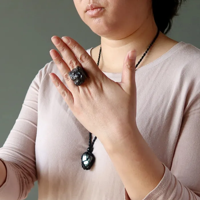 Satin Crystals Rings Hematite Ring Grounded Cluster Adjustable