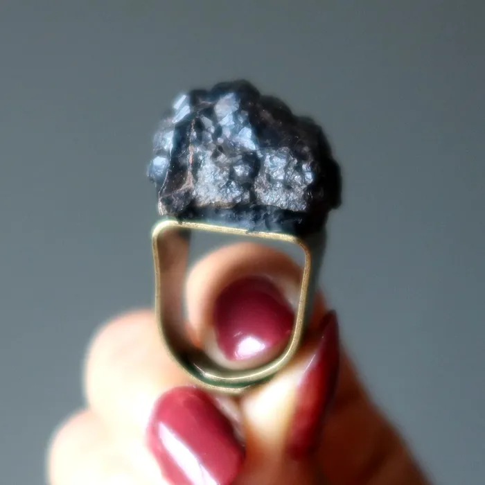 Satin Crystals Rings Hematite Ring Grounded Cluster Adjustable
