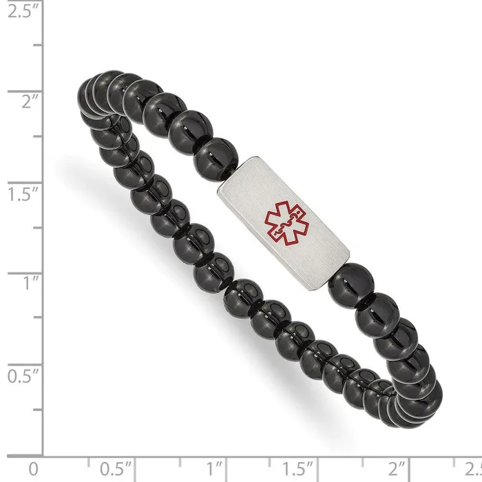Stainless Steel Brushed Medical ID Plate Onyx Bead Stretch Bracelet Chisel Bracelets