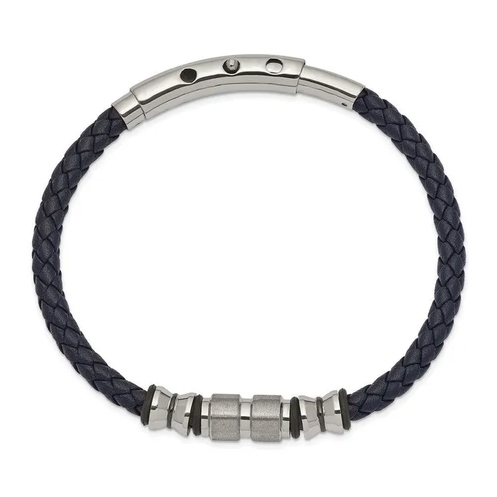 Stainless Steel Brushed Polished Blk IPRubber Blue Leather Adj Bracelet Chisel Bracelets