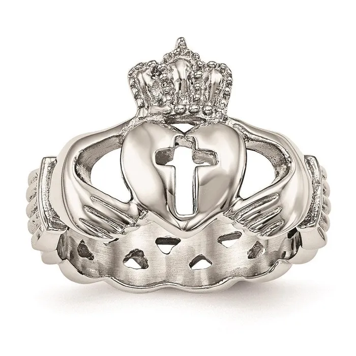 Stainless Steel Polished Claddagh with Cross Ring Chisel Rings Stainless Steel Polished Claddagh with Cross Ring Chisel Rings