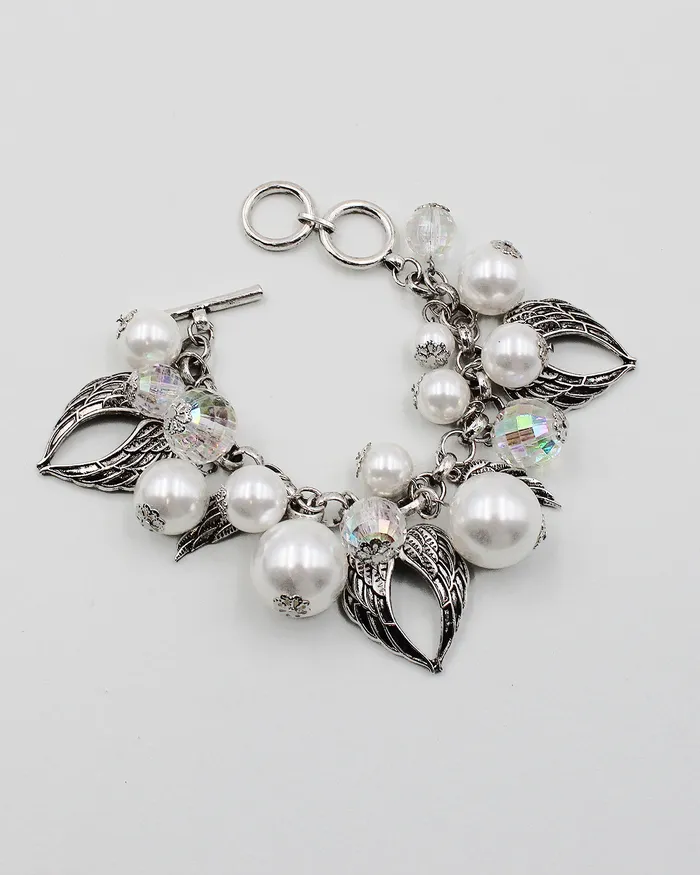 050522 Angel Wing Charm Bracelet with Pearl Beads Bracelets