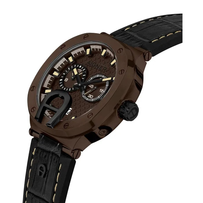 Aigner Watches Aigner Taviano Mens Brown Dia Case Black Croco Leather Starp Watch