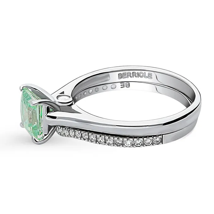 BERRICLE Rings Solitaire Wishbone Green Princess CZ Ring Set in Sterling Silver