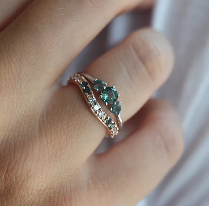 Capucinne Rings Teal Sapphire Moss Agate Engagement Ring
