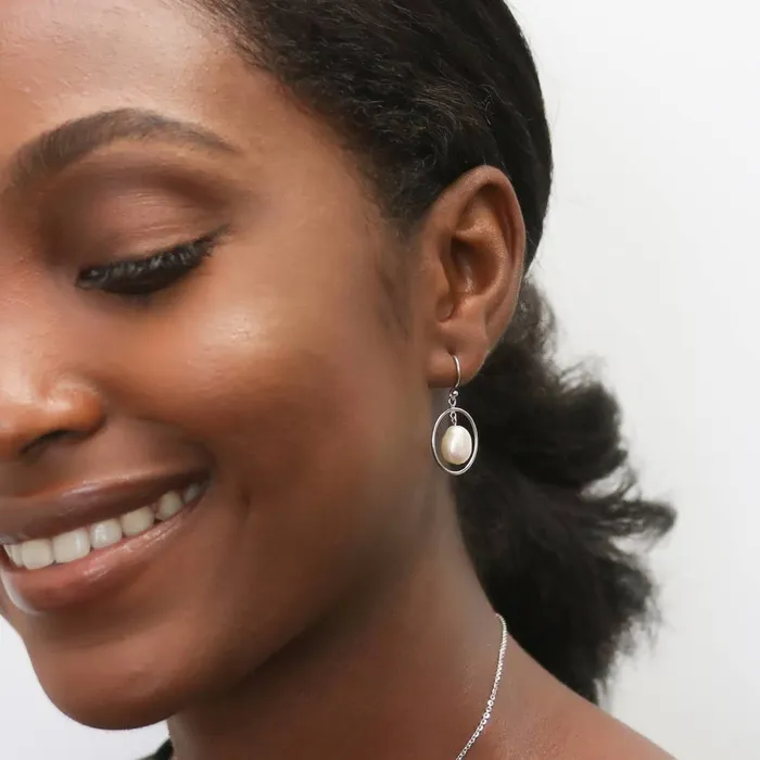 Earrings BERRICLE Open Circle Cultured Pearl Fish Hook Earrings in Sterling Silver