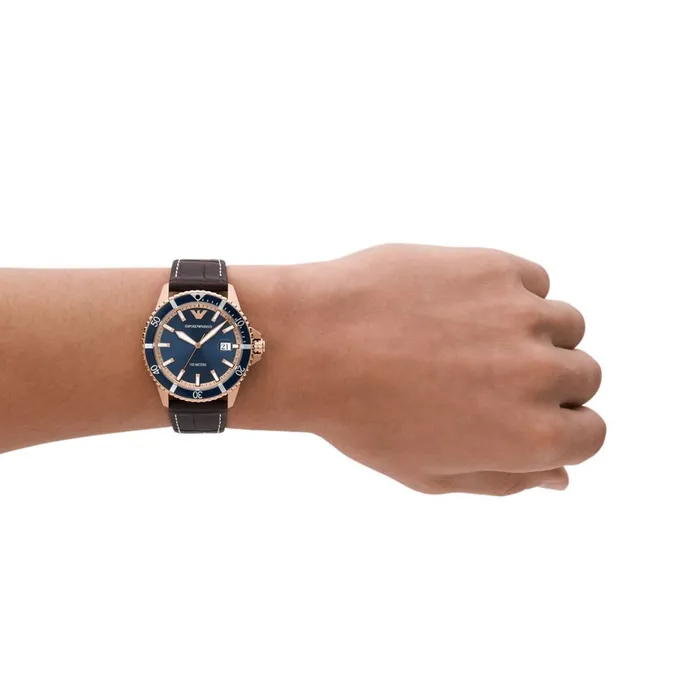 Rings Emporio Armani Emporio Armani Mens ThreeHand Date Rose GoldTone Case Brown Leather Stap Watch