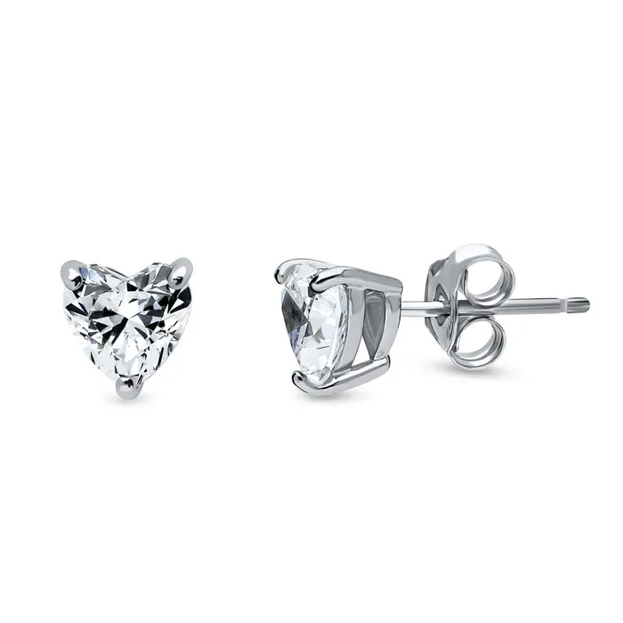 Solitaire Heart 14ct Heart CZ Stud Earrings in Sterling Silver BERRICLE Earrings
