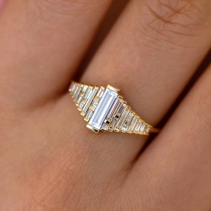 ARTEMER Baguette Diamond Ring with Gradient Diamonds and Gold Details Rings
