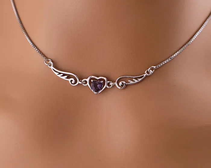 Captive Collars Necklaces Amethyst CZ Angel Wings Necklace