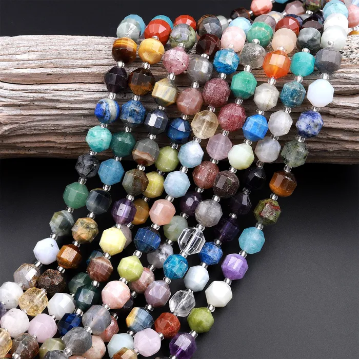 Intrinsic Trading Mixed Multicolor Natural Gemstone Faceted Prism Cut 8mm 10mm Round Beads Double Terminated Points 155 Strand Rings