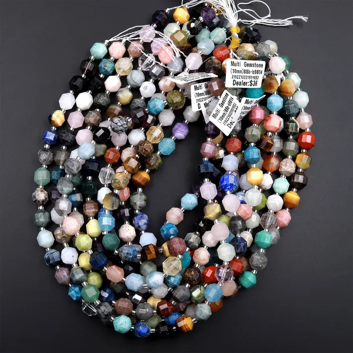 Intrinsic Trading Mixed Multicolor Natural Gemstone Faceted Prism Cut 8mm 10mm Round Beads Double Terminated Points 155 Strand Rings
