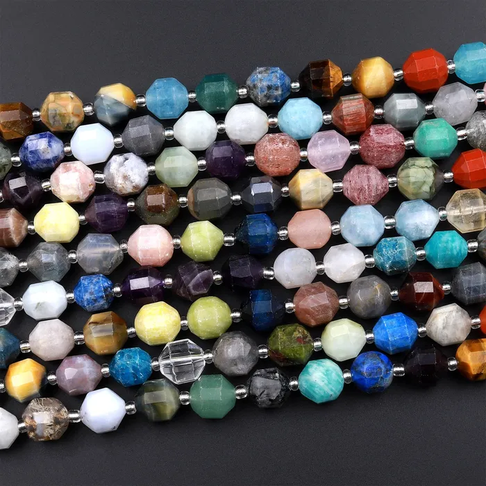 Intrinsic Trading Mixed Multicolor Natural Gemstone Faceted Prism Cut 8mm 10mm Round Beads Double Terminated Points 155 Strand Rings