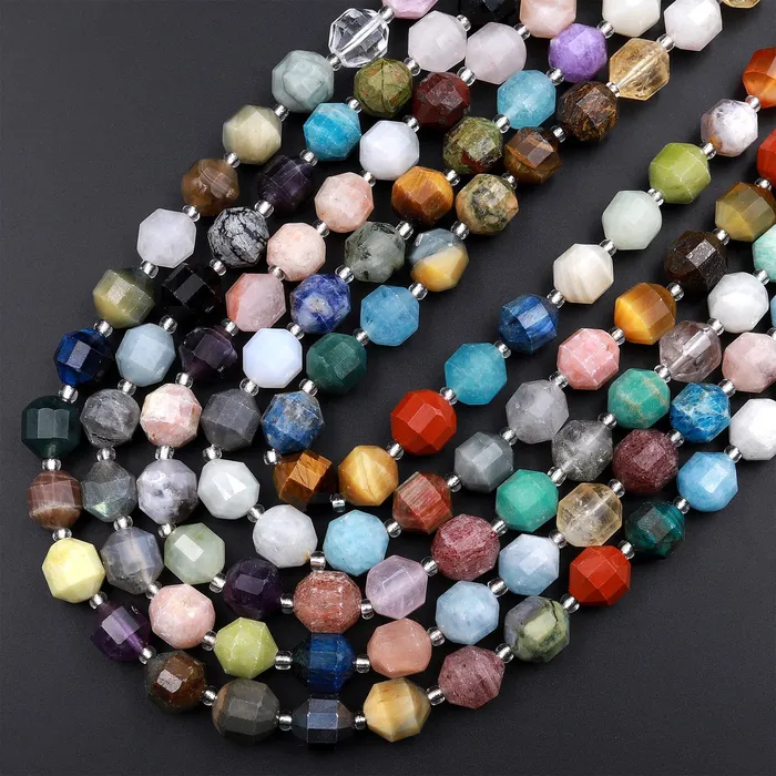 Intrinsic Trading Mixed Multicolor Natural Gemstone Faceted Prism Cut 8mm 10mm Round Beads Double Terminated Points 155 Strand Rings