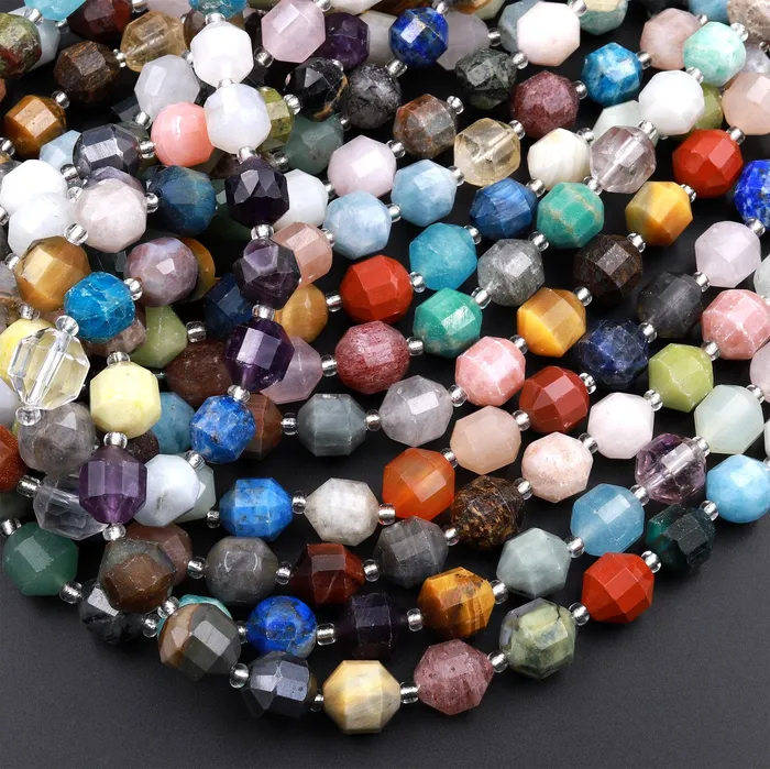 Intrinsic Trading Mixed Multicolor Natural Gemstone Faceted Prism Cut 8mm 10mm Round Beads Double Terminated Points 155 Strand Rings