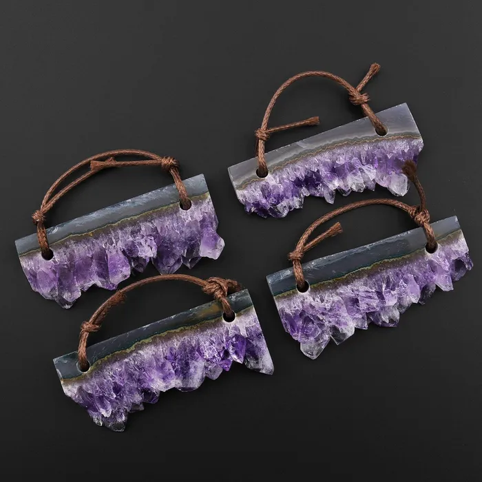 Necklaces Intrinsic Trading 2 Hole Pendant Natural Green Purple Amethyst Crystal Stalactite Druzy Pendant Drilled Long Rectangle