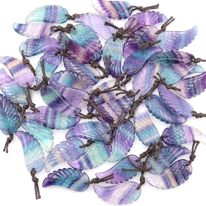 Necklaces Intrinsic Trading AAA Hand Carved Natural Purple Green Fluorite Angel Wing Pendant Bead Drilled Gemstone
