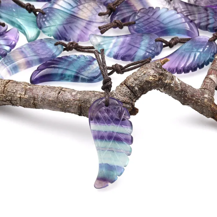 Necklaces Intrinsic Trading AAA Hand Carved Natural Purple Green Fluorite Angel Wing Pendant Bead Drilled Gemstone