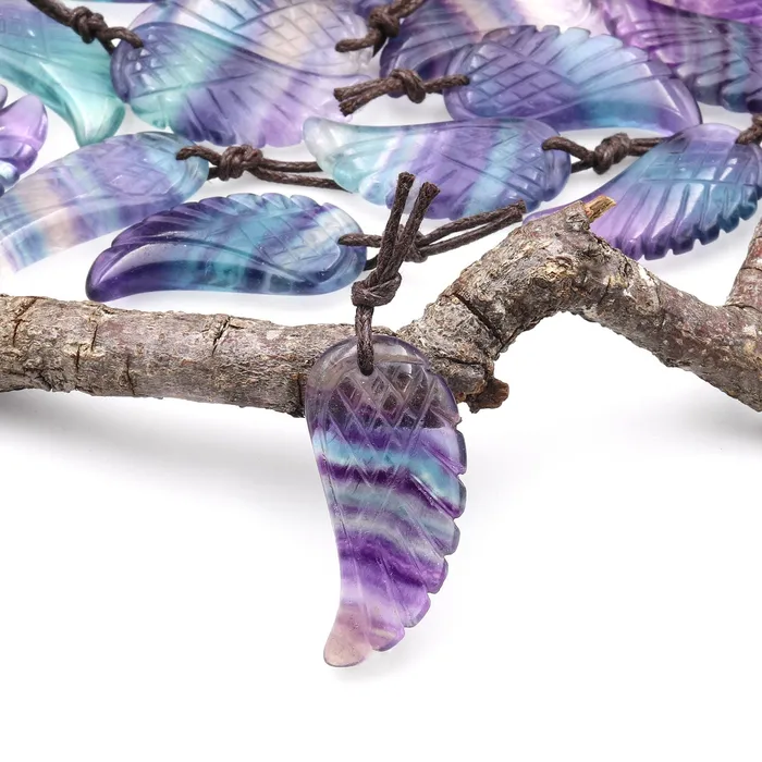 Necklaces Intrinsic Trading AAA Hand Carved Natural Purple Green Fluorite Angel Wing Pendant Bead Drilled Gemstone