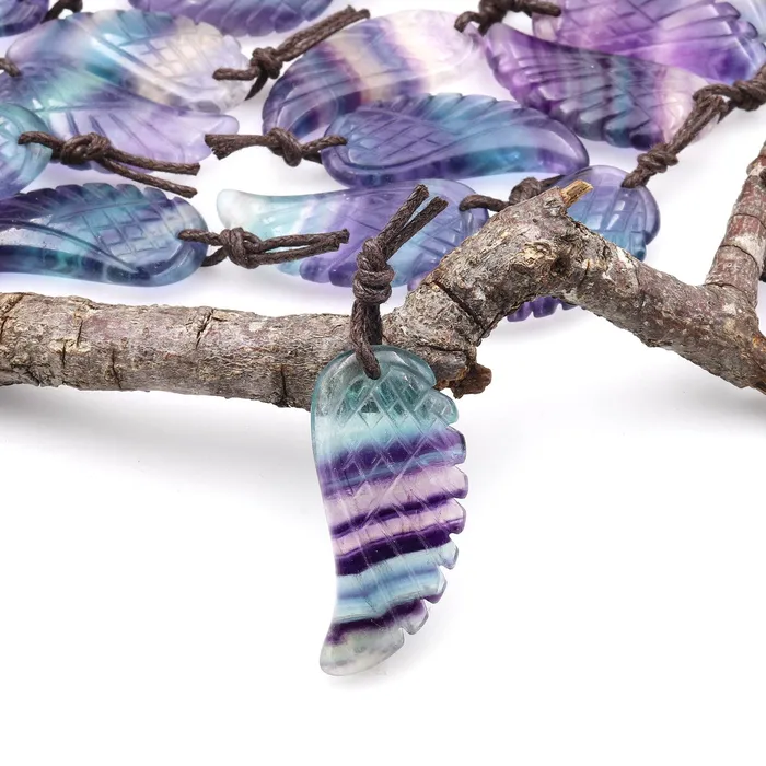 Necklaces Intrinsic Trading AAA Hand Carved Natural Purple Green Fluorite Angel Wing Pendant Bead Drilled Gemstone