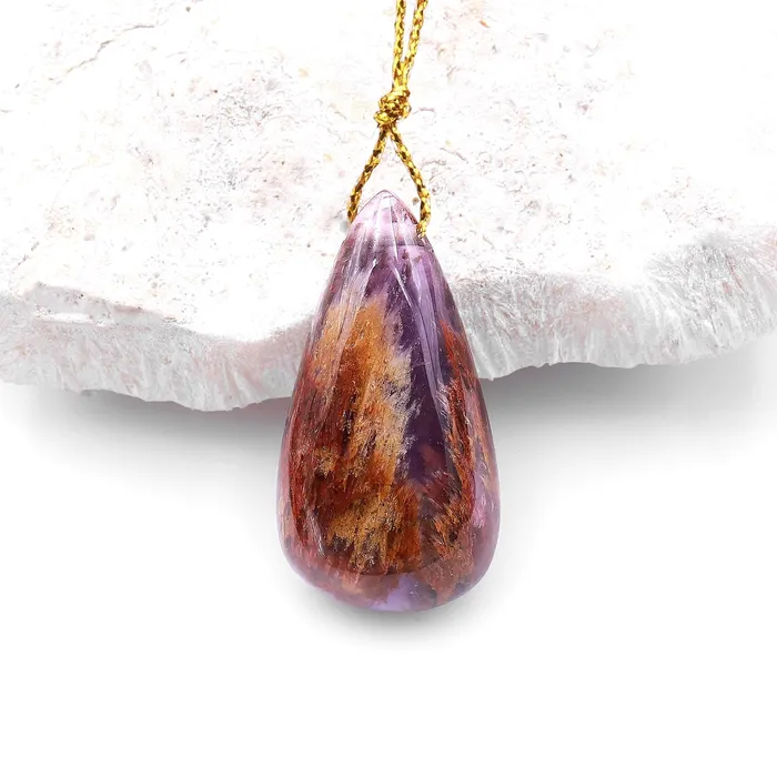 Necklaces Intrinsic Trading Super 7 Crystal Element Natural Phantom Amethyst Cacoxenite Teardrop Top Side Drilled Focal Bead Pendant