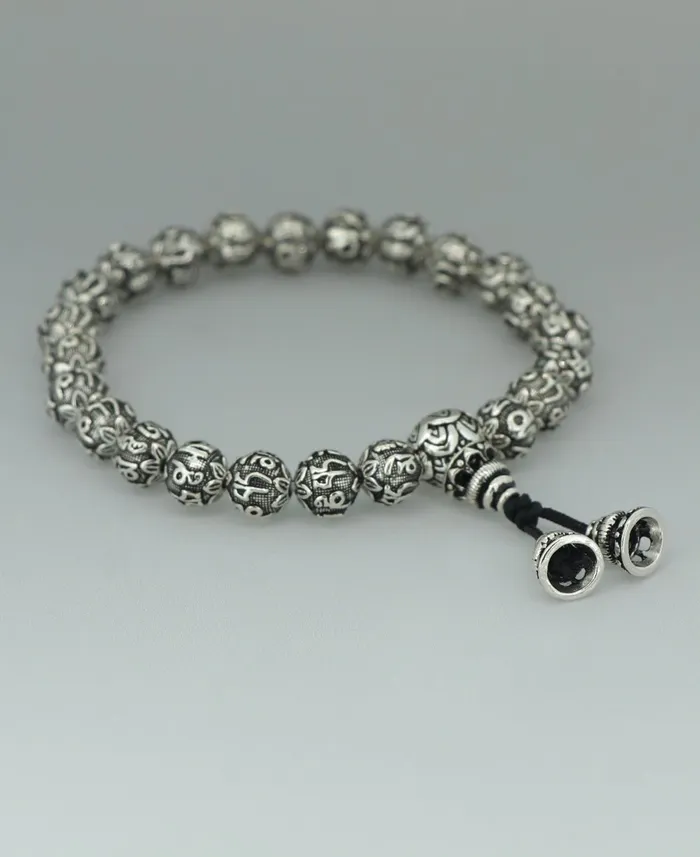 Premium Sterling Silver Om Mani Padme Hum Mantra Beads Womens Stretch Bracelet Buddha Groove Bracelets
