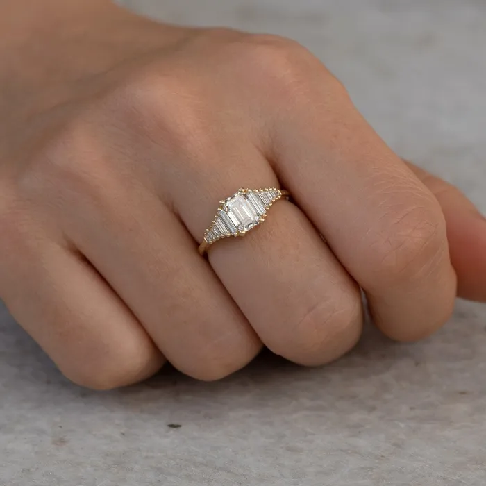 Rings ARTEMER Classic Emerald Cut Engagement Ring with Tapered Needle Baguette Diamonds