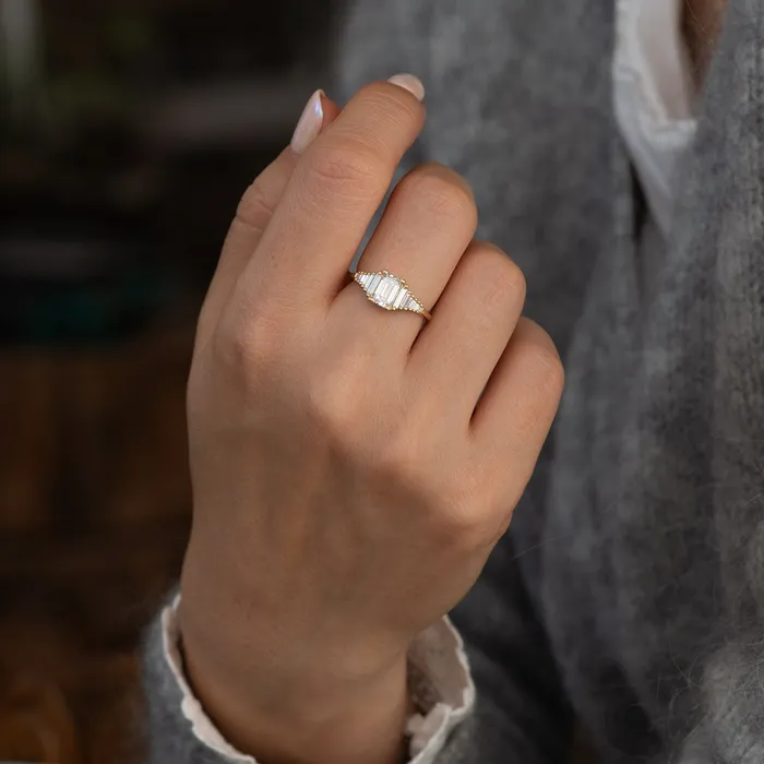Rings ARTEMER Classic Emerald Cut Engagement Ring with Tapered Needle Baguette Diamonds