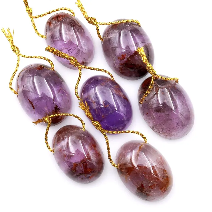 Super 7 Crystal Element Natural Phantom Amethyst Cacoxenite Domed Oval Top Side Drilled Focal Bead Pendant Intrinsic Trading Necklaces